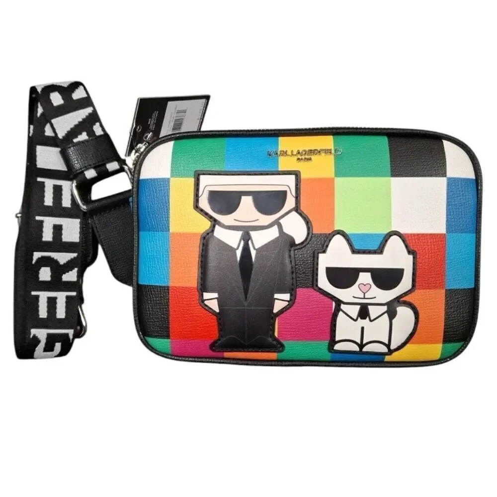 NWT Rare KARL LAGERFELD Cat Maybelle Camera Multi Color Crossbody Bag Gift  Box